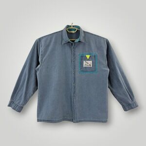 Graffiti Denim Shirt Mens XL Blue Graphic Pocket Cotton Button Up Casual